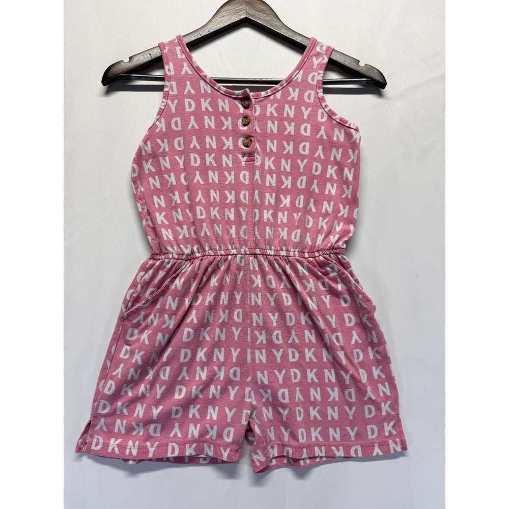 DKNY One Piece Romper Girls L/12 Pink All Over Logo Print Sleeveless Henley Neck